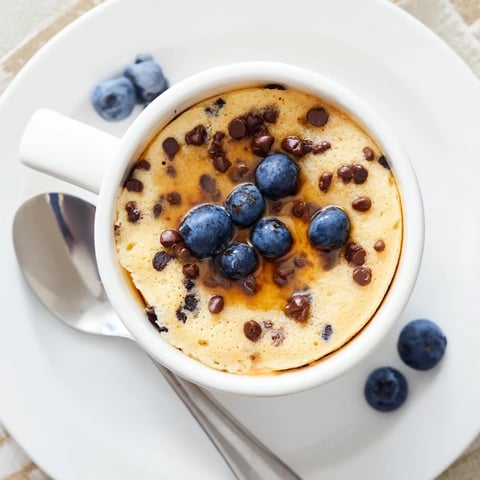 A fluffy microwave mug pancake rises perfectly in a greased mug, ready for a quick drizzle of maple syrup and fresh berries.