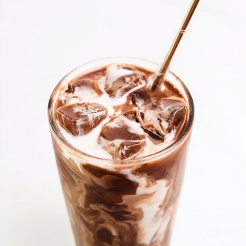 Chilled tall glass of Milo ice latte with ice cubes, a chocolatey, refreshing homemade coffee drink.