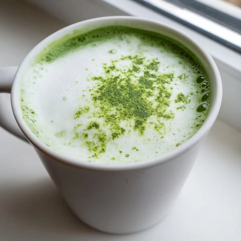 Steaming hot matcha green tea latte in a white mug, topped with velvety microfoam and a light dusting of vibrant green powder.  