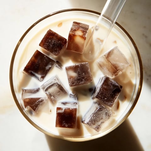 A glass of refreshing Coffee Jelly Drink filled with glistening coffee cubes and creamy milk, served over ice for a chilled treat.