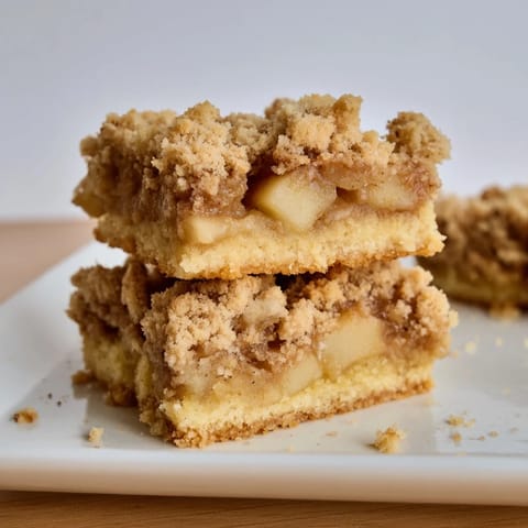 Delicious apple cinnamon crumble bars served on a wooden platter with ice cream.  