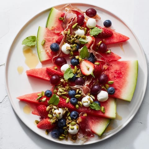 Beautifully arranged watermelon slice charcuterie featuring fresh fruit, creamy cheese, and crunchy nuts, ready to enjoy.