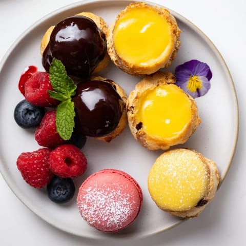 A beautifully arranged Montgolfière Dessert Platter with colorful macarons and miniature fruit tarts.