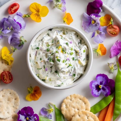 Fairy Garden Platter with vibrant edible flowers, fresh veggies and creamy dips awaits your enjoyment in this bright image.