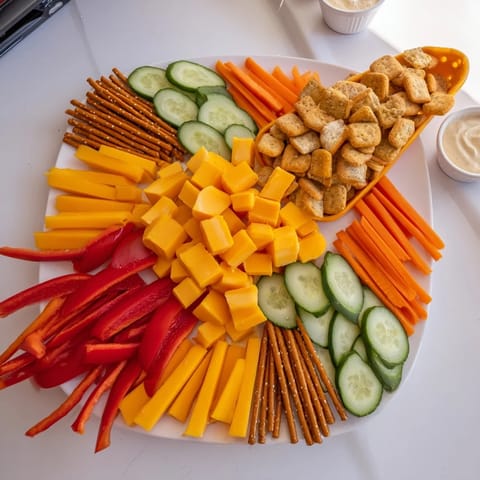 A colorful Spaceship Launch Snack Board features cheese "fuselage" with grapes as "windows" for a party.