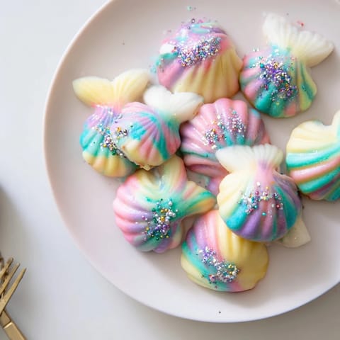 A close-up view of beautiful Mignardises Queue de Sirène, ready to serve at a party, with a vanilla scent.