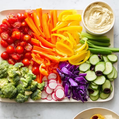 Vibrant Colorful Vegetable Rainbow Board with fresh, colorful veggies, ideal for a party appetizer.