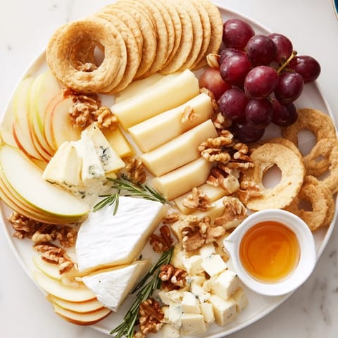 This decadent Cheese Plate showcases creamy brie, sharp cheddar, and refreshing fruits ready to be sampled.