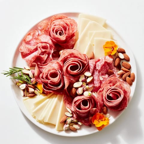 Elegant charcuterie, the Meat and Cheese Rose Garden Board, has artfully arranged meats and cheeses.