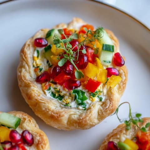 Golden-brown savory tartlets with vibrant veggie toppings offer a perfect appetizer bite.