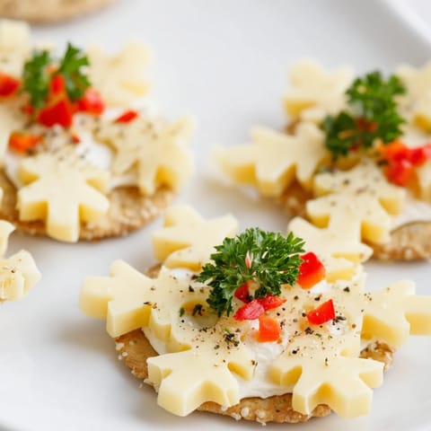 Close-up of elegant savory snowflake-shaped cheese topping crisp crackers; a beautiful appetizer for a party.