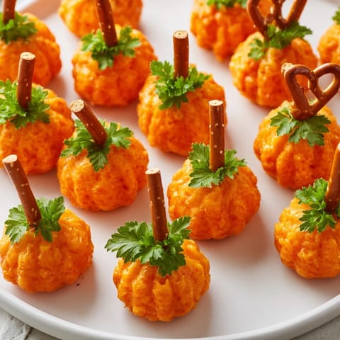Delectable Pumpkin Patch Grid, featuring bright orange cheese balls with pretzel stems, a fun snack.