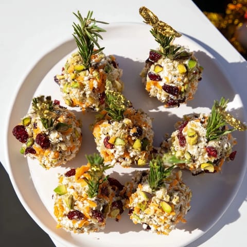 Vibrant cheese ball Holiday Ornament Clusters, garnished with rosemary, are deliciously perfect for party snacks.