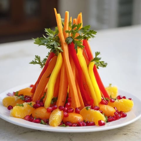 Vivid image of the Bonfire Warmth Centerpiece: orange mandarin “embers” glow near parsley garnish.