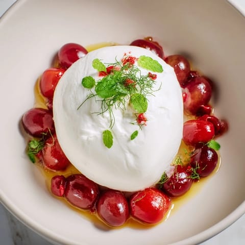 A photo shows the Moonlit Lagoon salad: juicy grapes, blueberries, and creamy burrata cheese.