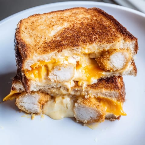 Golden, melty Chicken Nugget Grilled Cheese sandwich, served with crispy edges and perfect for lunch.