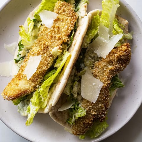 Golden air-fried chicken strips nestled in a warm pita with Caesar salad and shaved Parmesan.  