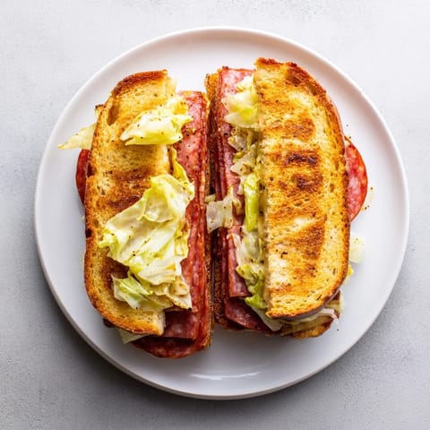 A close-up of a golden-brown Italian Sub Grilled Cheese sandwich on a wooden board, revealing melted provolone and savory Italian cold cuts inside.  