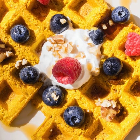 A stack of golden, fluffy Anti-Inflammatory Adaptogenic Turmeric Waffles topped with fresh blueberries and a drizzle of maple syrup.
