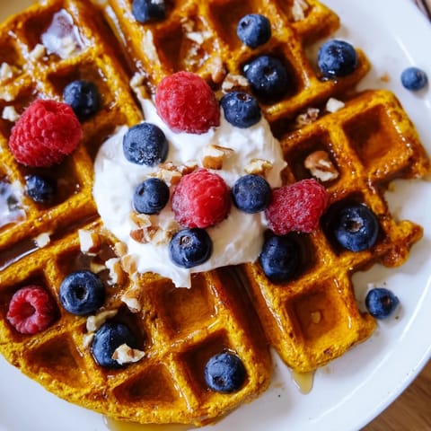 Warm Anti-Inflammatory Adaptogenic Turmeric Waffles with a vibrant yellow hue, served with sliced banana and a dollop of coconut yogurt.