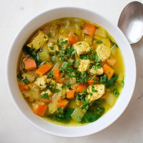Steaming Turmeric Chicken Soup in a white ceramic bowl, featuring tender chicken chunks and bright spinach leaves.  