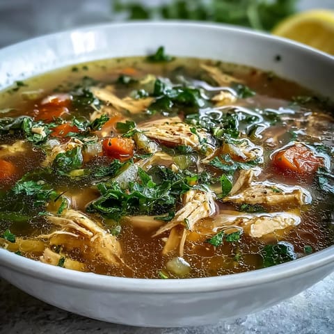 Healthy protein chicken soup bright with turmeric and lemon zest, perfect for lunch.