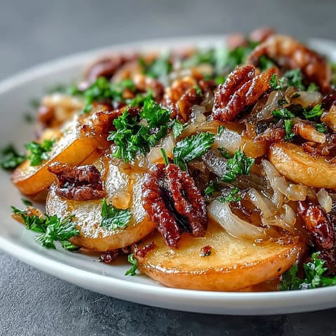 Warm apple and sauerkraut skillet salad sizzling in a cast-iron pan.