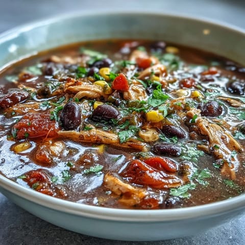 Steaming bowl of Southwestern Turkey Soup garnished with fresh cilantro, sliced avocado, and crumbled tortilla chips.