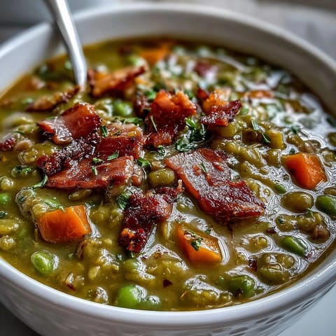 Thick, savory Split Pea and Ham Soup with tender peas, carrots, and celery, served steaming in a rustic bowl.