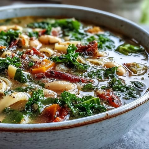 Hearty Winter Minestrone Soup simmering with kale, butternut squash, beans, and pasta in a rich broth.