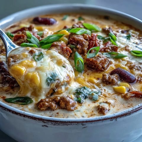 Creamy Taco Soup in a rustic bowl topped with green onions, cheese, and cilantro, with lime wedges and sour cream on the side for dipping.