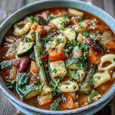 Close-up of steaming Minestrone Soup in a rustic bowl, featuring diced carrots, celery, and creamy white beans.