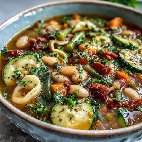 Close-up of Minestrone Soup showcasing tender zucchini, carrots, and kale in a rich tomato broth, garnished with fresh parsley.