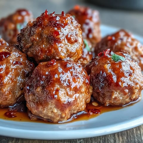 Slow Cooker Peach Glazed Meatballs simmer in a sweet and tangy sauce, garnished with fresh parsley.