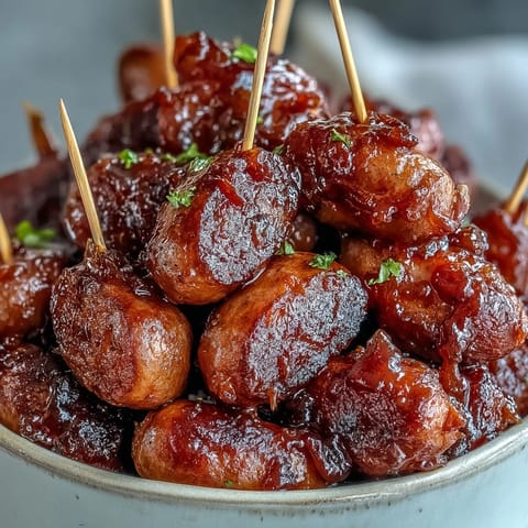 Sticky Crock Pot BBQ Cocktail Sausages in a sweet apricot glaze, served warm with toothpicks for easy game-day snacking.