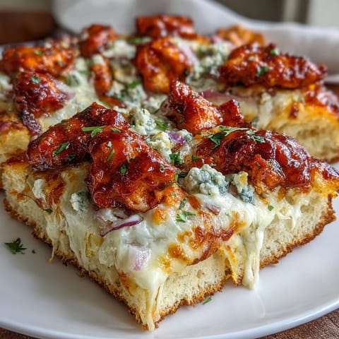 Buffalo Chicken Pizza topped with shredded chicken, spicy red sauce, melty cheddar, and red onion slices on a wooden board.