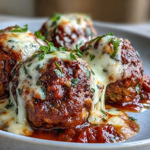 Freshly baked Cheesy, Garlicky Meatballs With Marinara served over gluten-free spaghetti on a rustic table.