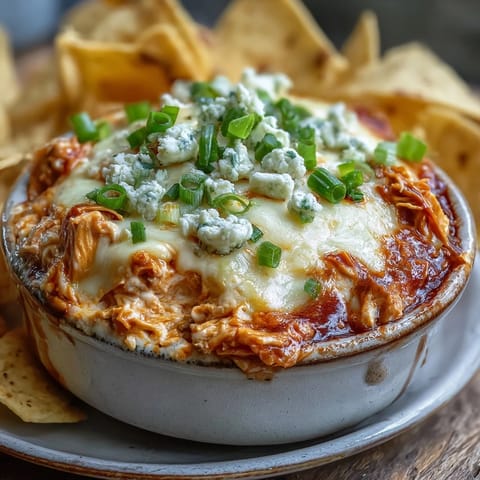 Creamy and spicy Crock Pot Buffalo Chicken Dip bubbling in the slow cooker, topped with melted cheddar and fresh scallions.