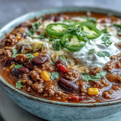 Hearty bowl of Taco Soup topped with shredded cheddar, sour cream, and sliced jalapeños.