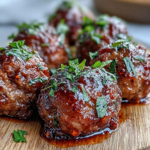Golden brown meatballs coated in sticky peach glaze served over fluffy white rice.