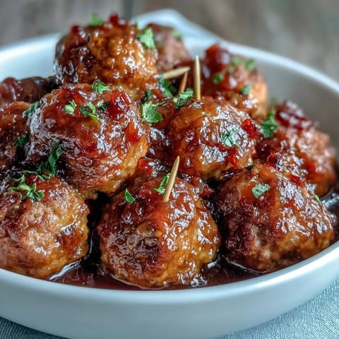 Easy Sweet and Sour Crock Pot Meatballs glistening in a thick, sticky sauce, served hot in a white slow cooker insert.