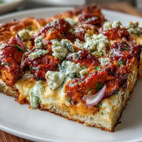 Freshly baked Buffalo Chicken Pizza with bubbly mozzarella, tangy ranch, and a golden crispy crust garnished with chives.