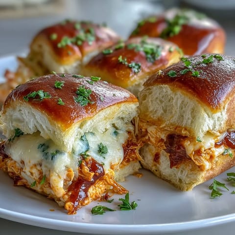 Freshly baked Pizza Dip Sliders with golden buns, melted cheese, and a savory Buffalo chicken dip filling.