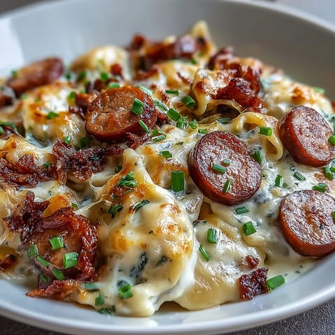Golden brown Crockpot Pierogi Casserole With Kielbasa, topped with melted cheddar and fresh chives, served from the slow cooker.