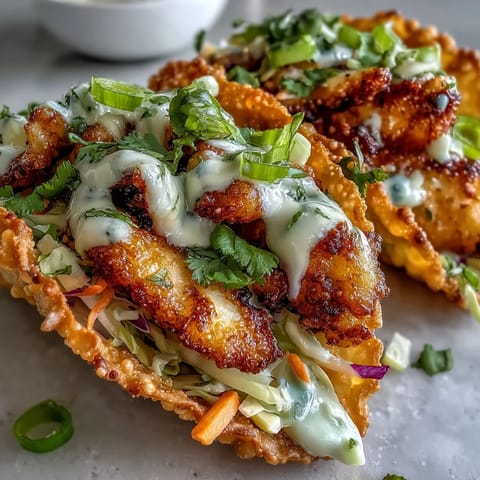 Twelve crispy wonton tacos piled high on a platter with fresh cilantro, lime wedges, and a creamy sriracha drizzle.