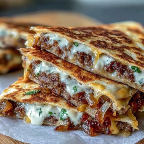 A close-up on a cheesy Cheesy Griddled Smashburger Quesadilla shows crispy tortilla edges and a drizzle of tangy mayo-mustard sauce, served with pickles.
