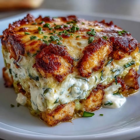 Golden-seared chicken and crisp zucchini slices in a creamy Greek yogurt and egg bake topped with bubbly mozzarella.