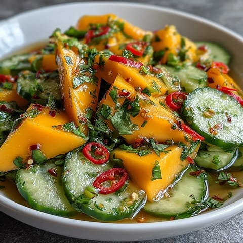 Vibrant mango salad with lime dressing showing glossy mango slices, thinly sliced red onion, and a spoon drizzling honey-lime vinaigrette. 
