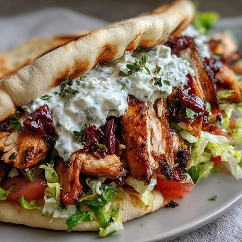 Juicy, charred Mediterranean Chicken Gyros with Creamy Feta Tzatziki stuffed into warm pita bread.