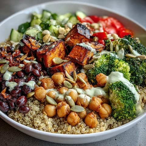 The finished Meal Prep Week-Long Power Bowl with vibrant fresh veggies, black beans, and a generous drizzle of creamy tahini dressing.